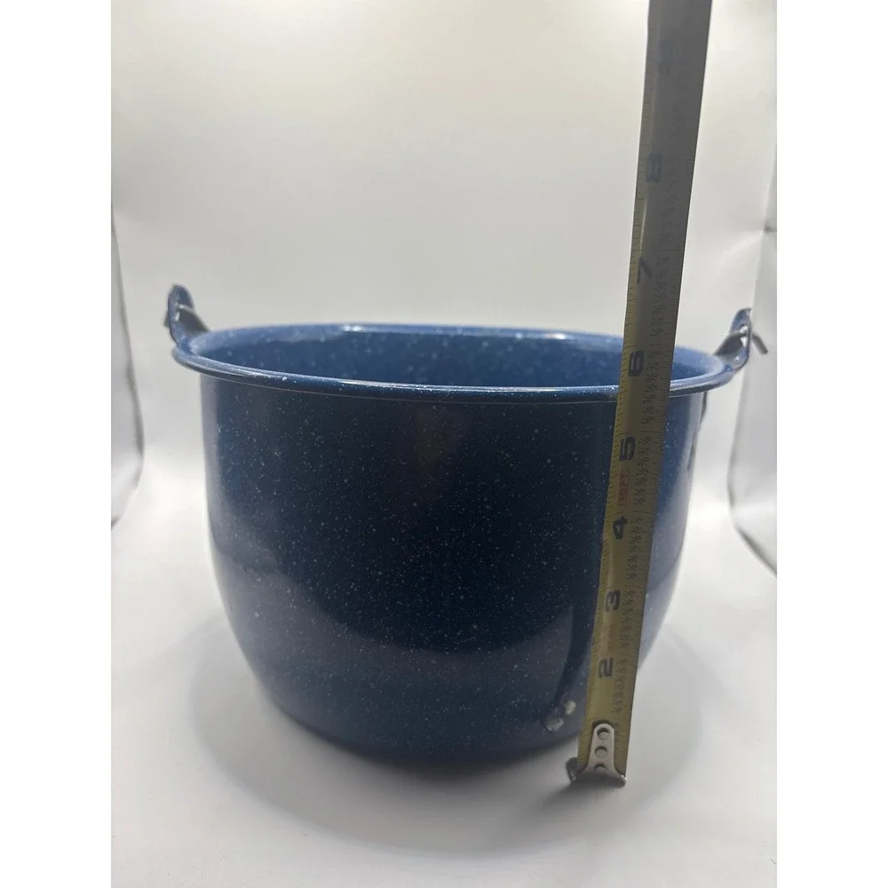 Vintage Blue Speckle Enamelware Pot Wire Bail Handle Graniteware Farmhouse Decor